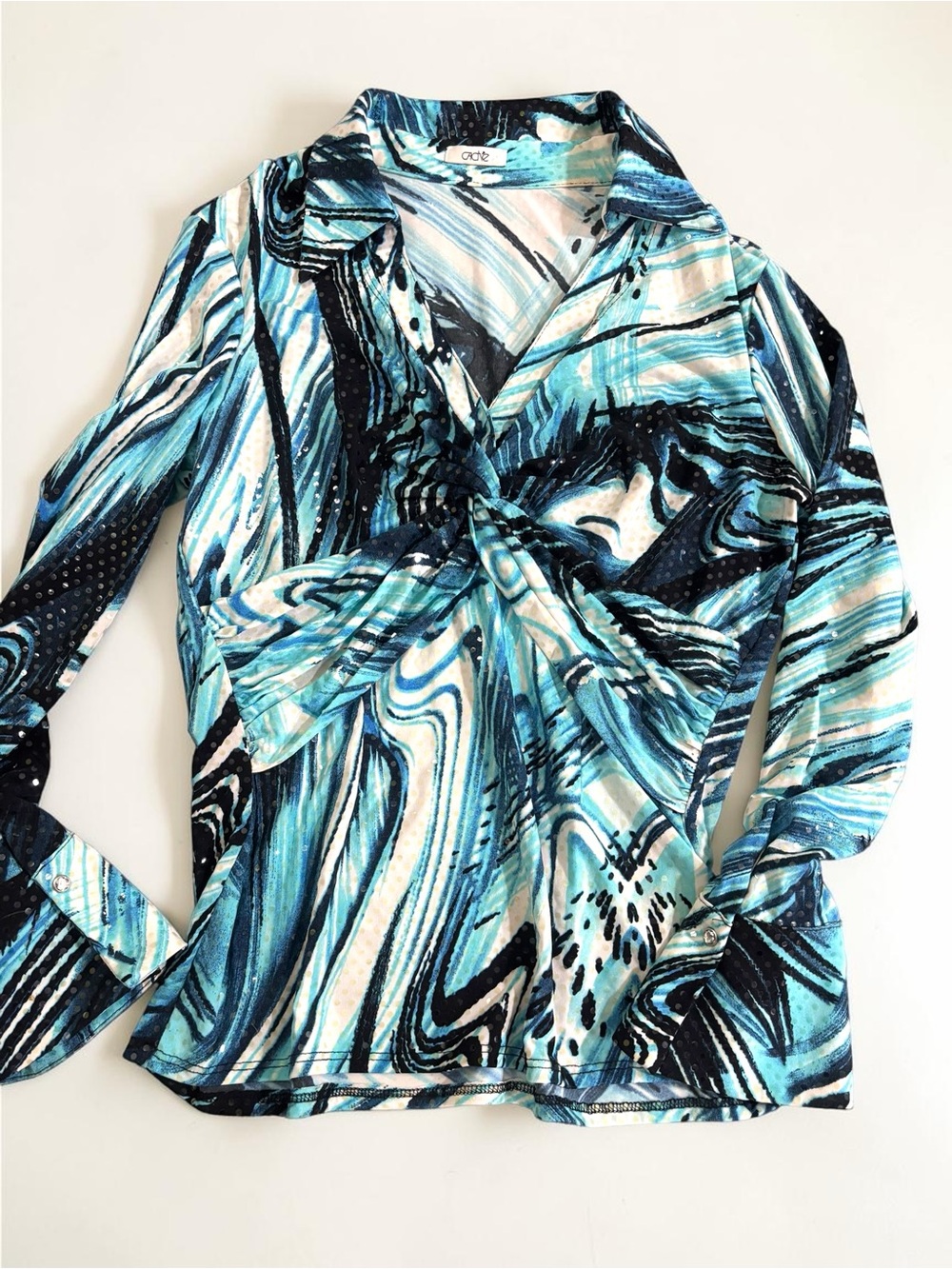 Vintage Cache Y2K Aqua Abstract Swirl Sequin Twist Wrap Top Lizzie McGuire S